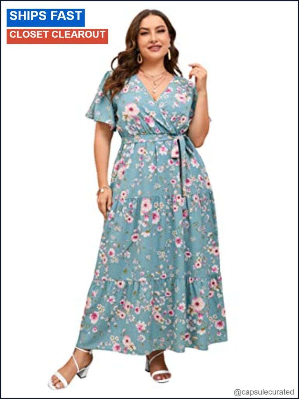 Plus Size V-Neck Wrap Maxi Dress with Belt Ruffle Summer
